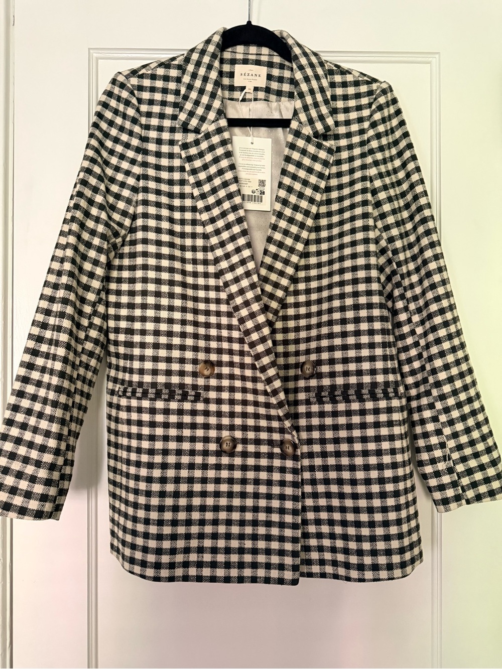 🌿NWT - Sezane Chelsea Gingham Blazer in Ecru & Khaki - size US 4 - Picture 4 of 11